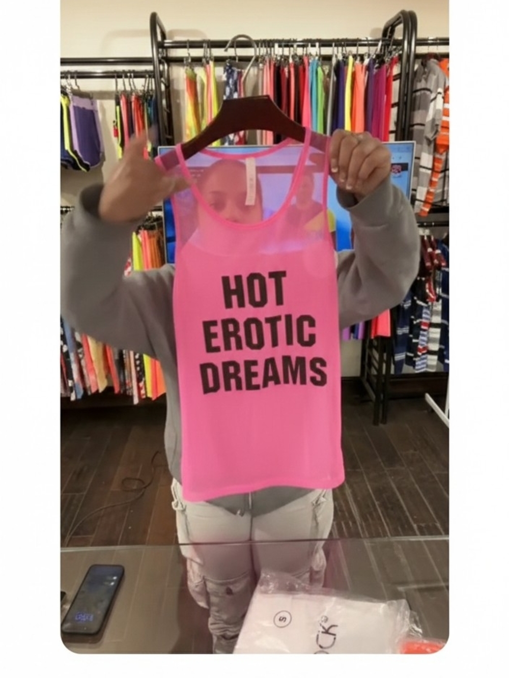 TRUE ROCK Neon Pink Mesh Tank Top with Black Lettering